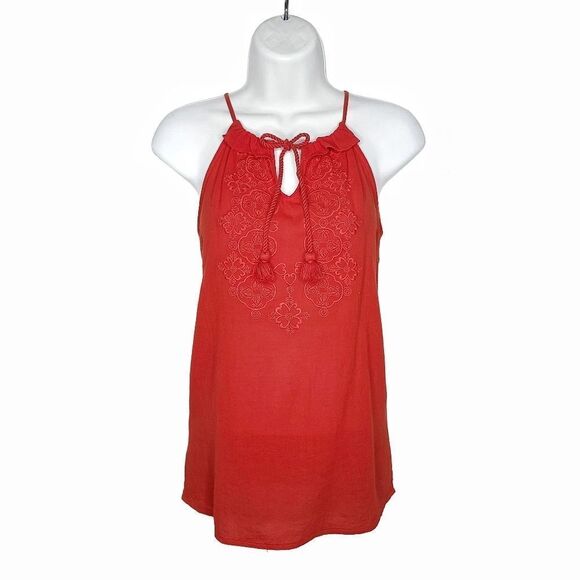 LOFT | Orange Embroidered Twisted Tassel Halter Neck Gauze Top | US XS - Picture 2 of 11